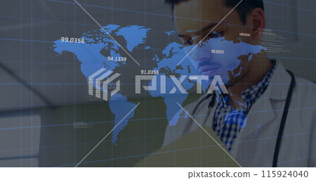 Image of globe and data processing over financial data on blue background 115924040
