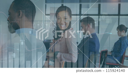 Image of data processing over diverse business people at meeting Image of data processing over diverse business people at meeting 115924140