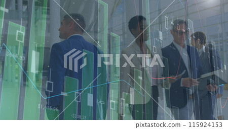 Image of financial data over caucaian businessmen walking in office Image of financial data over caucaian businessmen walking in office 115924153