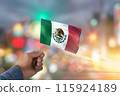 Generative AI Image of Hand Holding a Mexican Flag in Mexico Independence Day on Blur Background 115924189