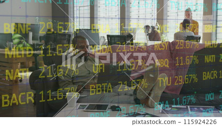 Image of data processing over african american businessman using laptop in office 115924226