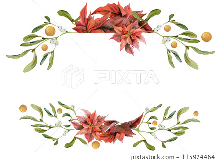Poinsettia flowers, gold star baubles, mistletoe leaves. Watercolor hand drawn illustration, copy space frame isolated on white. Xmas, happy new year festive noel navidad holiday. Florist, wedding. Poinsettia flowers, gold star baubles, mistletoe leaves. Watercolor hand drawn illustration, copy space frame isolated on white. Xmas, happy new year festive noel navidad holiday. Florist, wedding. 115924464