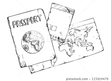 Multinational world passport id document, plane train ferry ticket coupon permit. Vector ink hand drawn vintage illustration. Design for tourism, travel, brochure, wedding, guide, print, card tattoo. 115924479