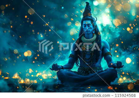 Hindu God Shiva is depicted in deep meditation. The concept of tranquility, inner peace, and spiritual enlightenment. Generative AI. 115924508