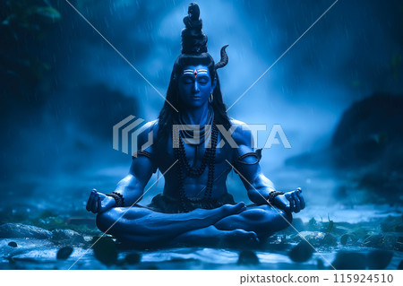 Hindu God Shiva is depicted in deep meditation. The concept of tranquility, inner peace, and spiritual enlightenment. Generative AI. 115924510