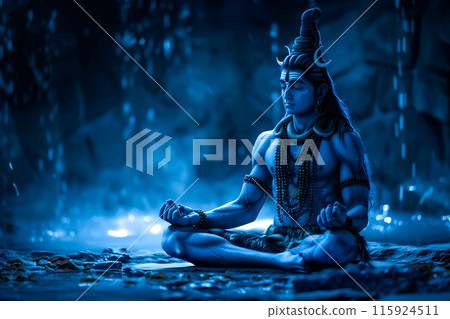 Hindu God Shiva is depicted in deep meditation. The concept of tranquility, inner peace, and spiritual enlightenment. Generative AI. 115924511
