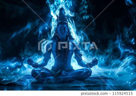 Hindu God Shiva is depicted in deep meditation. The concept of tranquility, inner peace, and spiritual enlightenment. Generative AI. 115924515