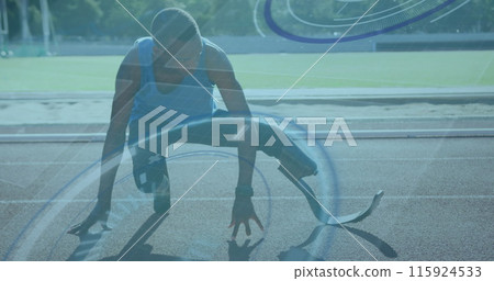 Image of data processing on digital screen over african america male runner with running blade 115924533