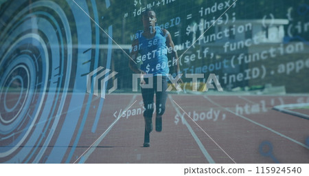 Image of data processing on digital screen over african american male runner with running blade 115924540
