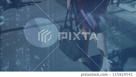 Image of data processing over caucasian businesswoman walking 115924541