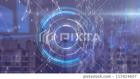 Image of digital interface and data processing over cityscape 115924607