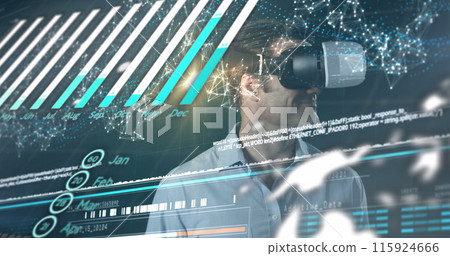 Image of connections, financial data over caucasian man in vr headset 115924666