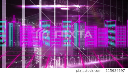 Image of metaverse city over digital screen with diverse data 115924697