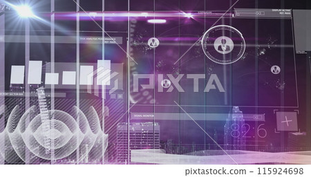 Image of light over digital screen with diverse data 115924698