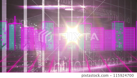 Image of metaverse city over digital screen with diverse data 115924700