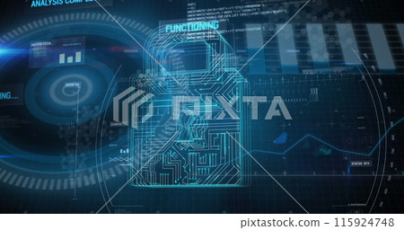 Image of digital screen with data and digital padlock 115924748