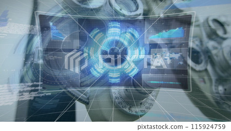 Image of scope scanning and data processing over businesswoman Image of scope scanning and data processing over businesswoman 115924759
