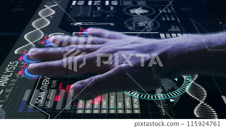Image of hands of caucasian man using touchscreen with diverse data Image of hands of caucasian man using touchscreen with diverse data 115924761