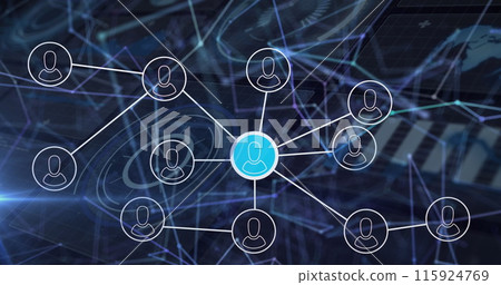 Image of profile icons connecting dots, geometric shapes, hud processing on digital interface Image of profile icons connecting dots, geometric shapes, hud processing on digital interface 115924769