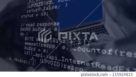 Image of data processing against rear view of man and woman using a laptop Image of data processing against rear view of man and woman using a laptop 115924813