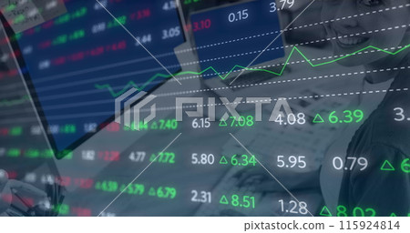 Image of stock market data processing against caucasian woman using desktop computer at office 115924814