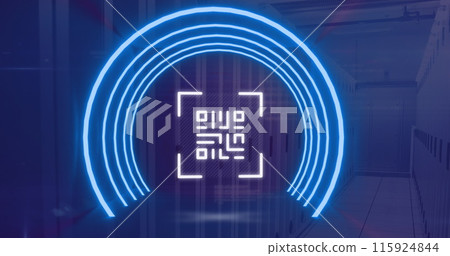 Image of neon qr code scanner and data processing against computer server room Image of neon qr code scanner and data processing against computer server room 115924844