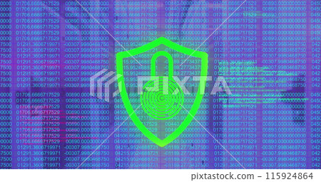 Image of data processing and biometric fingerprint padlock over computer servers 115924864
