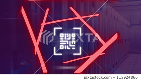 Image of neon qr code scanner and data processing against computer server room 115924866