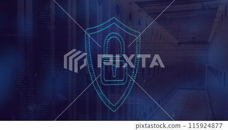 Image of security padlock icon and light spot against computer server room 115924877