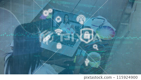 Image of data and security icons over woman using laptop 115924900