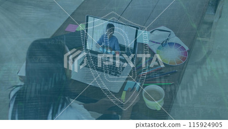 Image of data processing over hacker with laptop 115924905