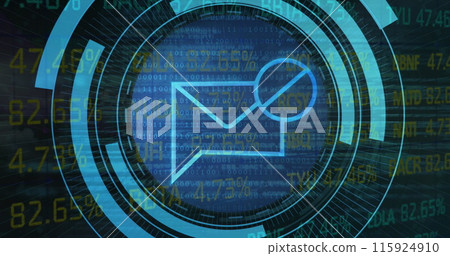 Image of rotating safe lock with countdown and data processing on black 115924910