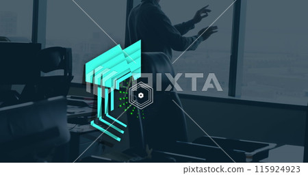 Image of hexagon shape over caucasian businessman wearing vr headset gesturing by window 115924923