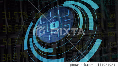 Image of scope scanning over financial data processing on black background 115924924