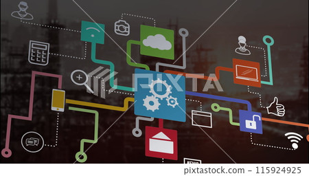 Image of media icons over cityscape 115924925