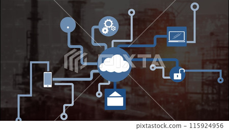Image of media icons over building site Image of media icons over building site 115924956