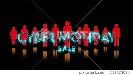 Image of cyber monday text over red human representations on dark background 115925024