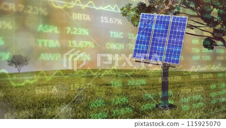 Image of financial data processing over solar panel on grass in background 115925070