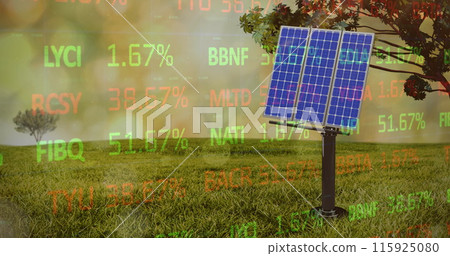 Image of solar panel over trading board on green landscape Image of solar panel over trading board on green landscape 115925080