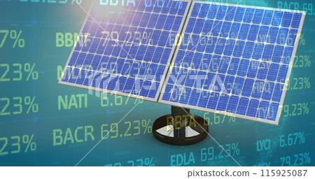 Image of trading board and solar panel on abstract background with lens flare 115925087