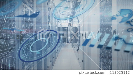 Image of scope scanning and data processing over tech room with computer servers 115925112