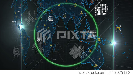 Image of green circular shape against data processing over world map on black background 115925130