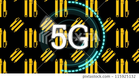 Image of 5g text and scanner over orange pens repeated on black background 115925132