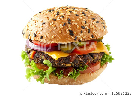 Black Bean Burger with black beans, vegetables and spices isolated on transparent white background 115925223