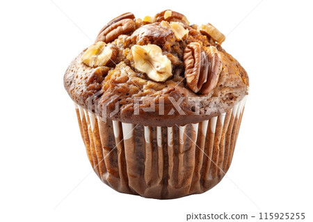Banana nut muffin and a dusting of powdered sugar isolated on white transparent background Banana nut muffin and a dusting of powdered sugar isolated on white transparent background 115925255