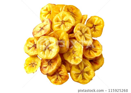 A closeup view pile of crispy banana chips snack isolated on white, perfect for snacking and part of a healthy diet 115925268