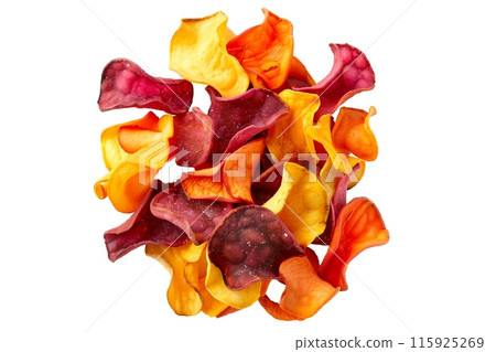 An assortment of vibrant vegetable chips isolated against a transparent backdrop 115925269