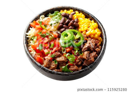 Mexican burrito bowl with fresh vegetables, grains, and jalapenos isolated on white transparent background 115925280