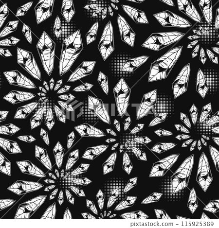 Pattern with monochrome crystal gems on dark background. Magical minerals in fractal, spiral ornament. Black and white illustration. Pattern with monochrome crystal gems on dark background. Magical minerals in fractal, spiral ornament. Black and white illustration. 115925389