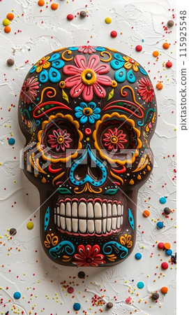 Vibrant Sugar Skull Bread Pan de Muerto Inspired by Mexican Chocolate and Culture on Bright 115925548